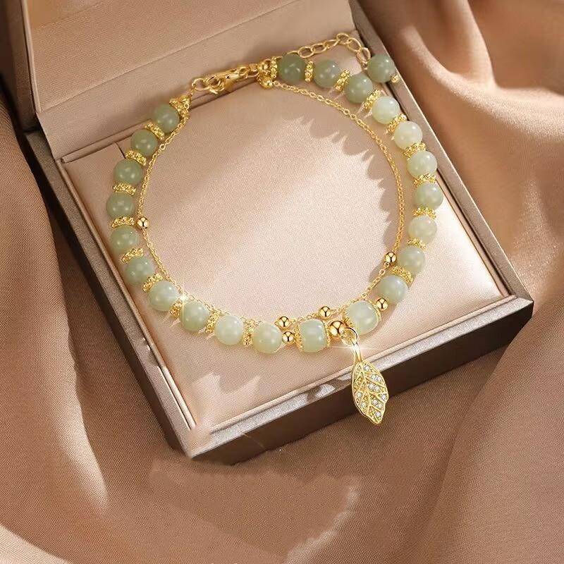 LATS Green Glass Imitation Opal Bracelet for Women Exquisite Gold Color Leaves Wrist Strap Bangle Chain Bracelets Girls Gifts