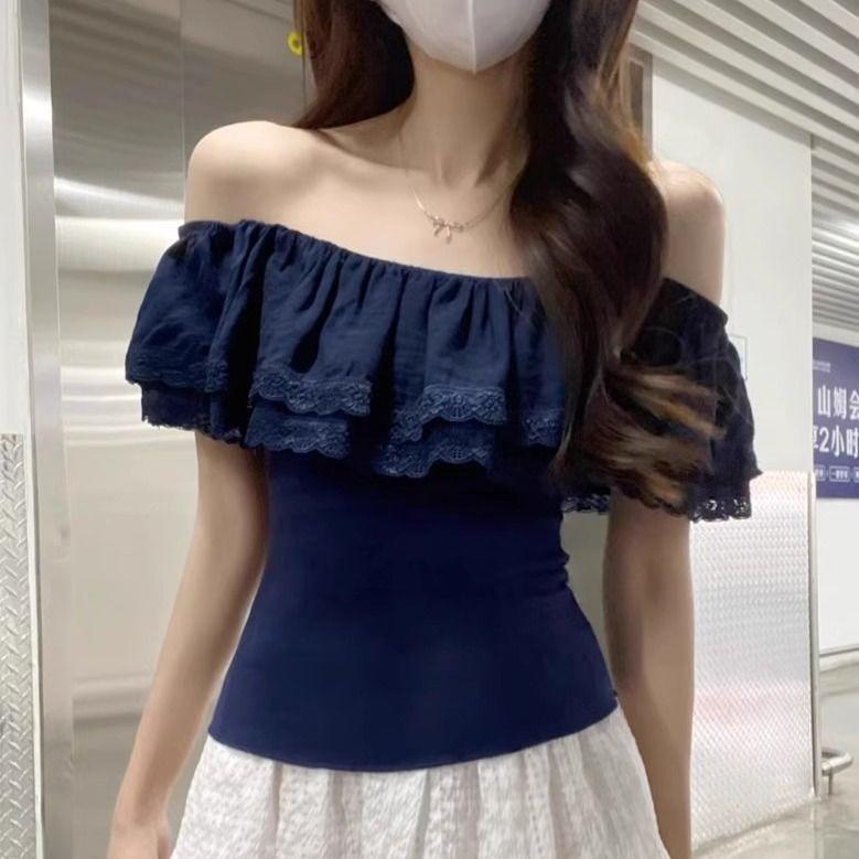 2025 New Style One-shoulder Lace Panel Short Sleeve T-shirt Women Summer Fit Design Off Shoulder Elegant Clothing