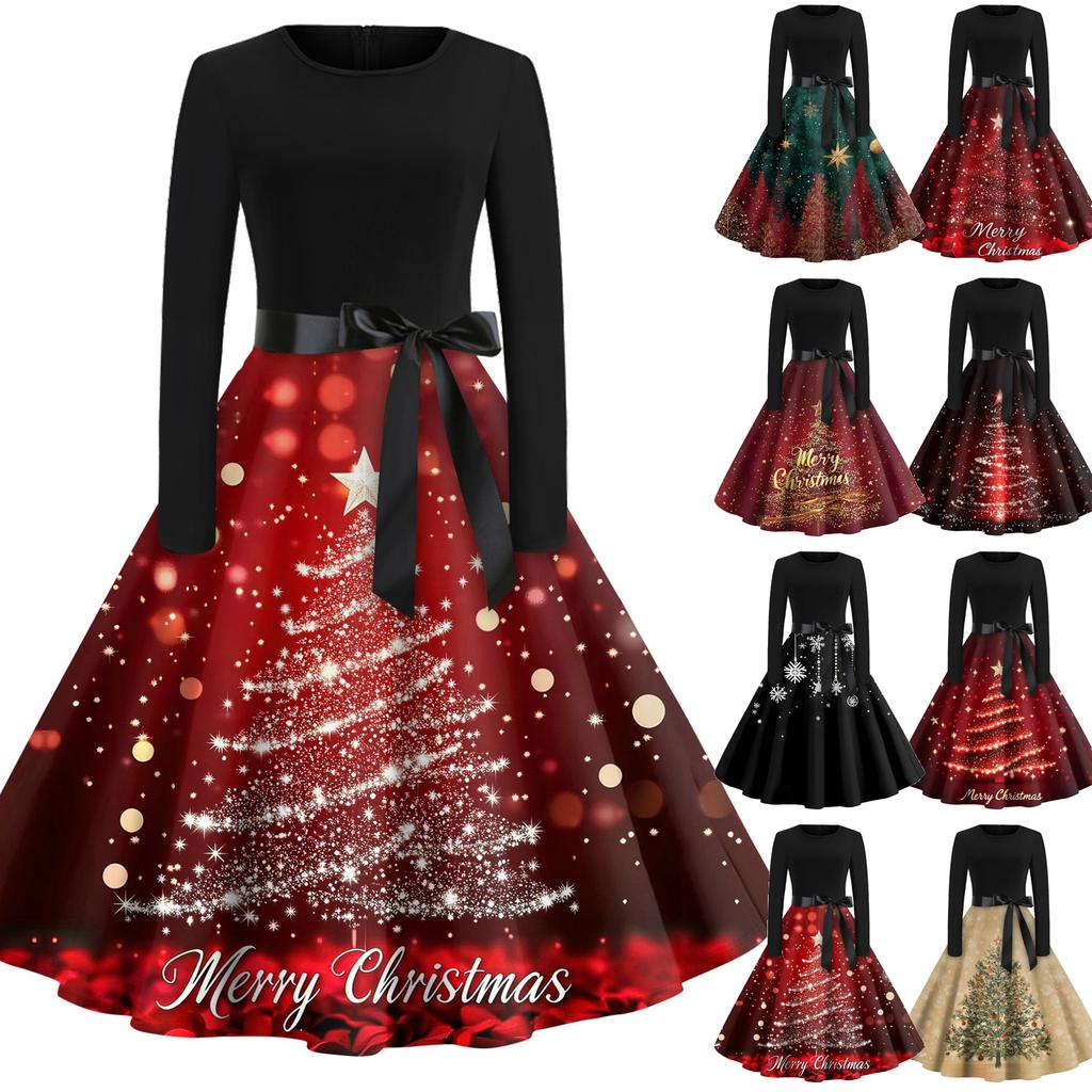 Halloween Print Flare Dress For Women Long Sleeve Dress Hollow Party Casual Round Neck Dresses