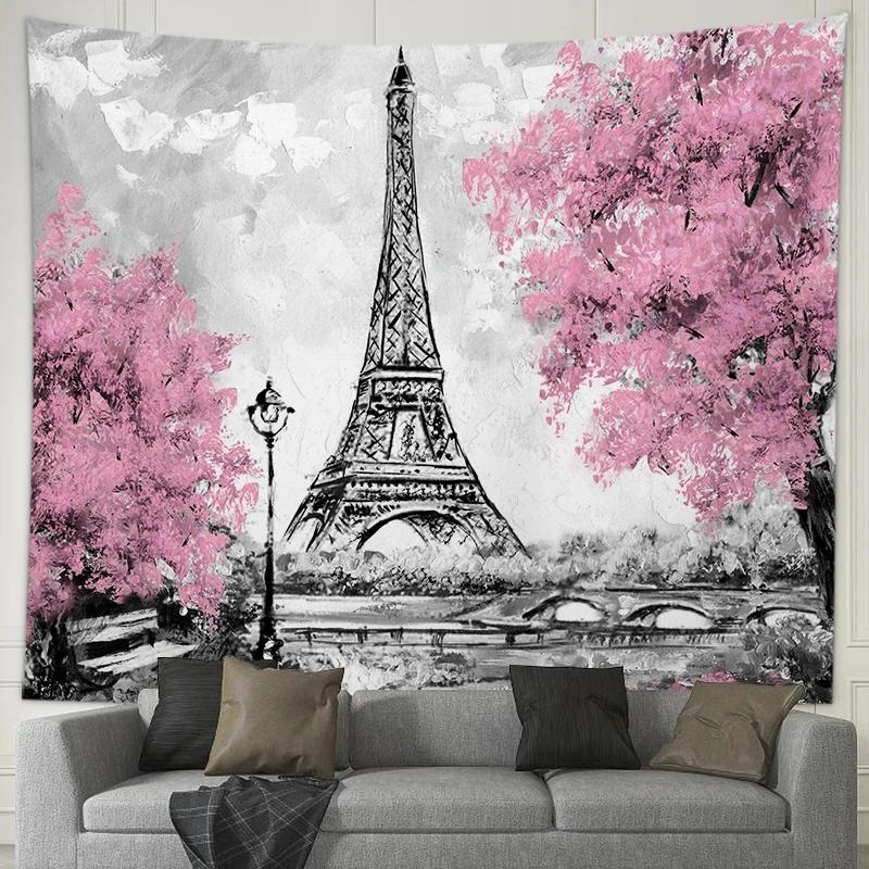 Romantic Couple Lovers Tapestry Eiffel Tower Big Ben Tapestry Wall Hanging Maple Rose Decorated Home Bedroom Living Room Dorm