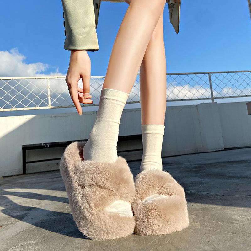 Cm Fluffy Shoes Women Wear  Internet Celebrity Explosion Autumn and Winter Go Out Thick-soled Plush Cotton Slippers