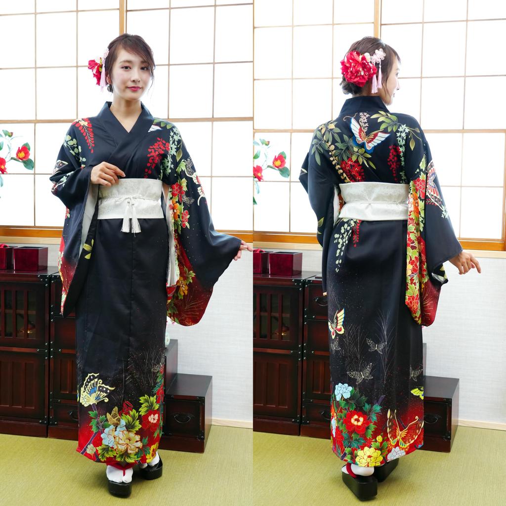 Cosplay Halloween Kimono Set Black Peony Black [Clear Stone] Women's Women's