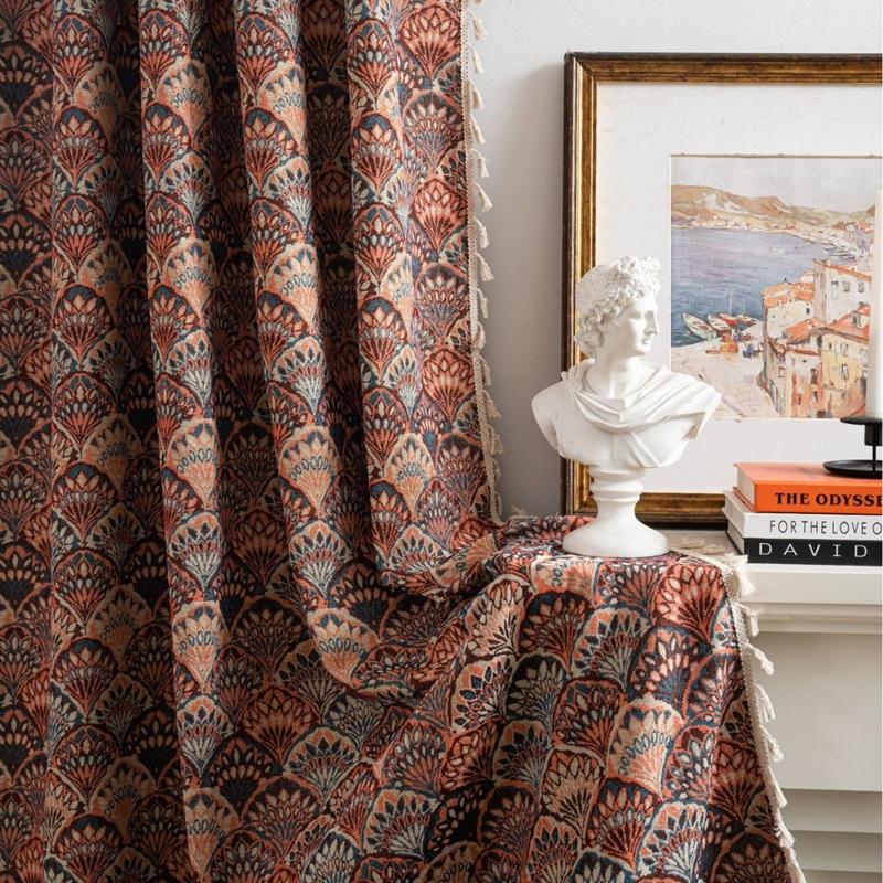 Farmhouse Rustic Ginkgo Leaf Jacquard Curtains Tassel Decor Semi-blackout Finished Window Drapes Bedroom Dining Room Home Decor