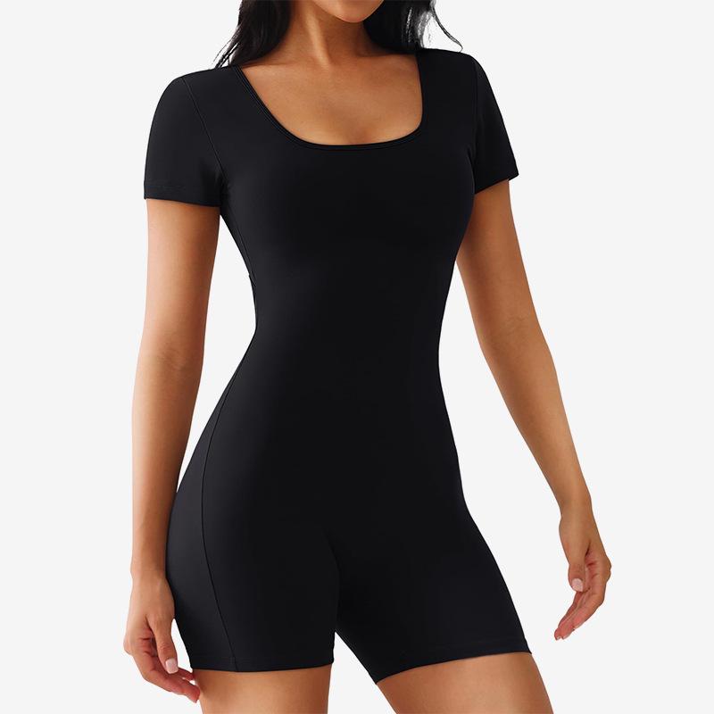 Damen Quick-Dry Yoga-Jumpsuit mit quadratischem Ausschnitt, kurzen Ärmeln & Cut-Out am Rücken