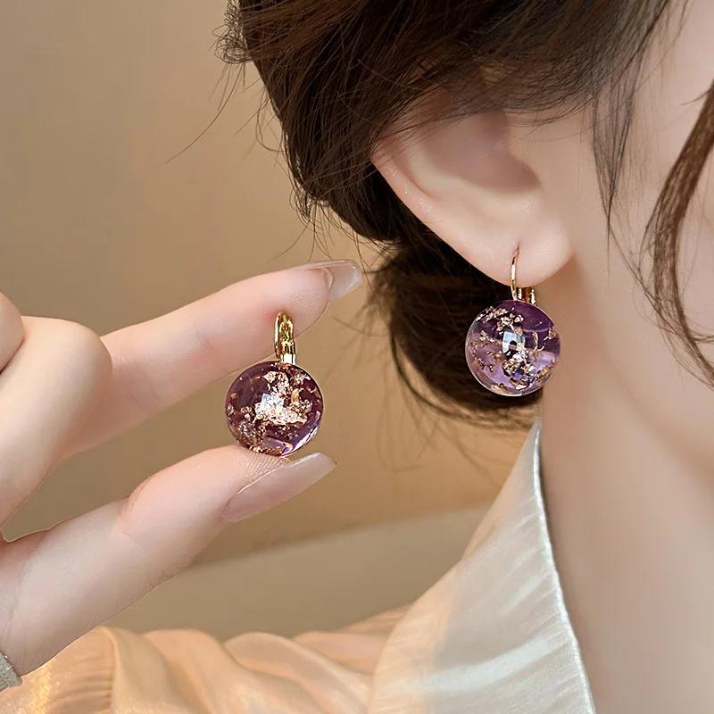 High-end Purple Golden Foil Crystal Ball Earrings For Women Fashionable Personalized Daily Accessory Party Jewelry Birthday Gift