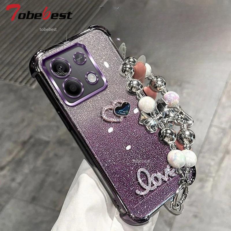 3D Love Shockproof Glitter Plating Bead Bracelet Case for Xiaomi POCO X6 X5 X3 NFC M3 F5 F4 F3 Pro Silicone Cover