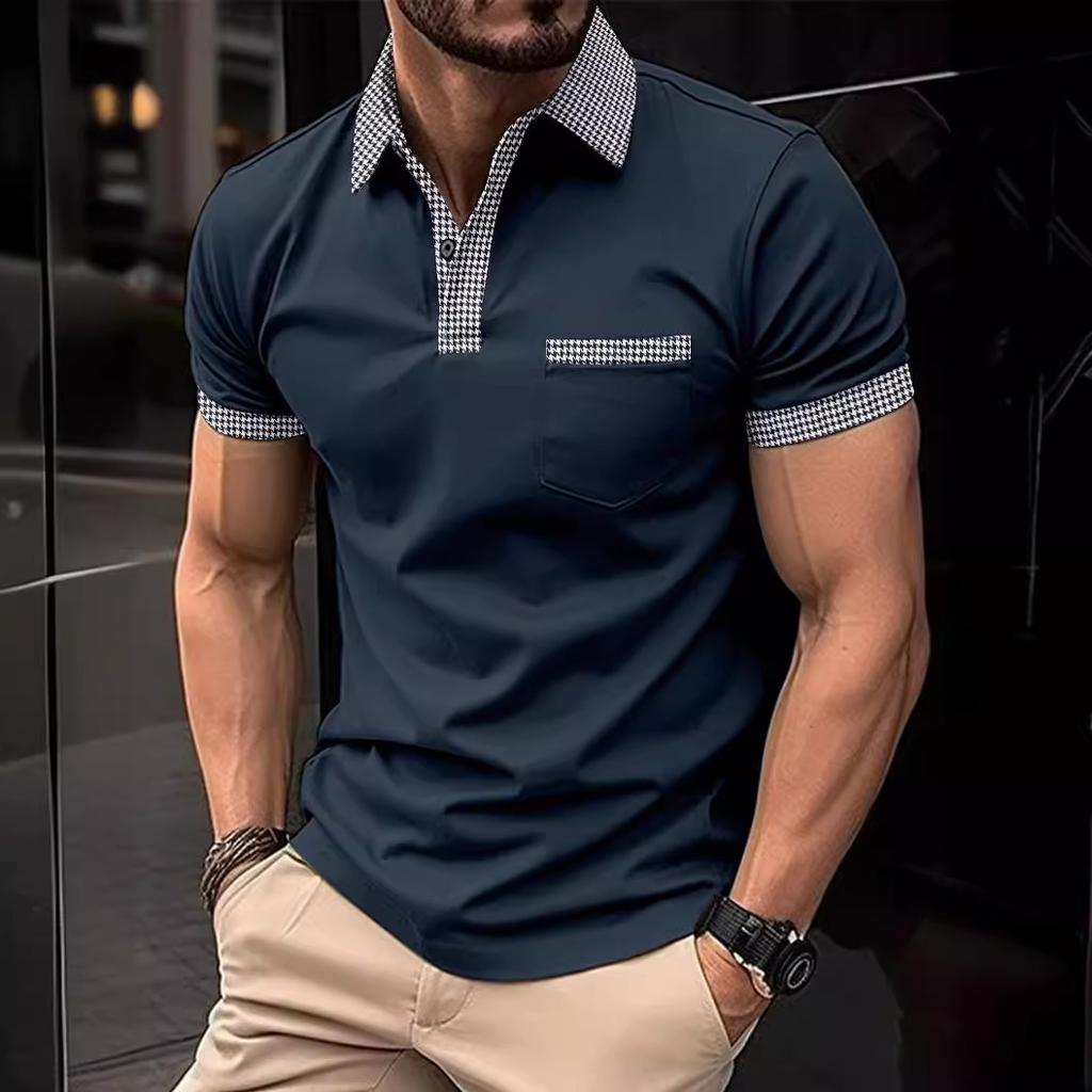 Summer Chambray Polo Shirt Button Pocket Men's Sports Polo Top