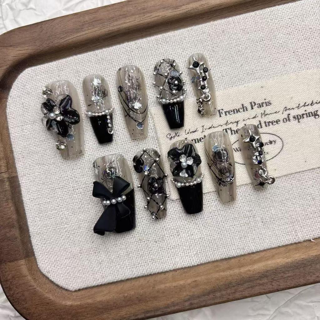 Handmade Dark Black Glass Beads for Long European & American Style Nail Art