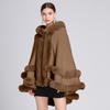 Women's Fall/Winter Faux Rabbit Fur Collar Hooded Shawl Cape Solid Color Elegant Knit Cardigan