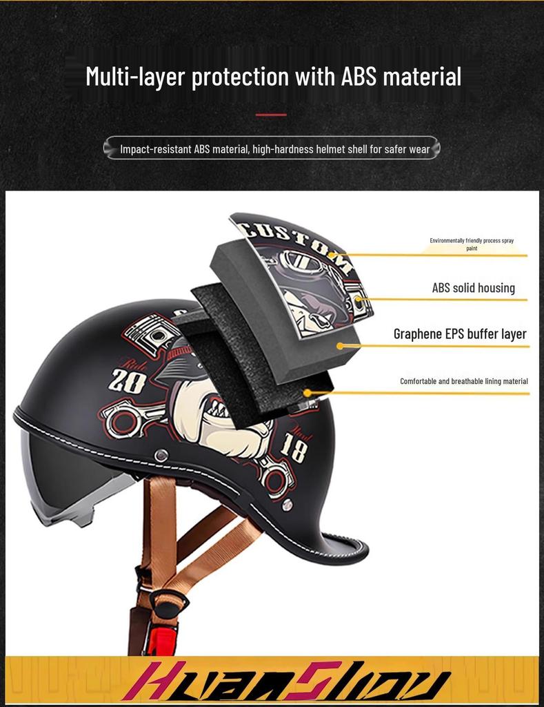 Retro Men's Motorcycle Half Helmet with Goggles, Flip-up American Style