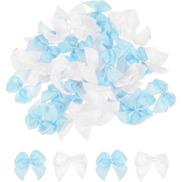 MECCANIXITY 50Pcs Mini Ribbon Bow 1" Mini Fabric Satin Ribbon Flower Bows for Craft DIY Sewing Wedding Birthday Party Pink & Blue