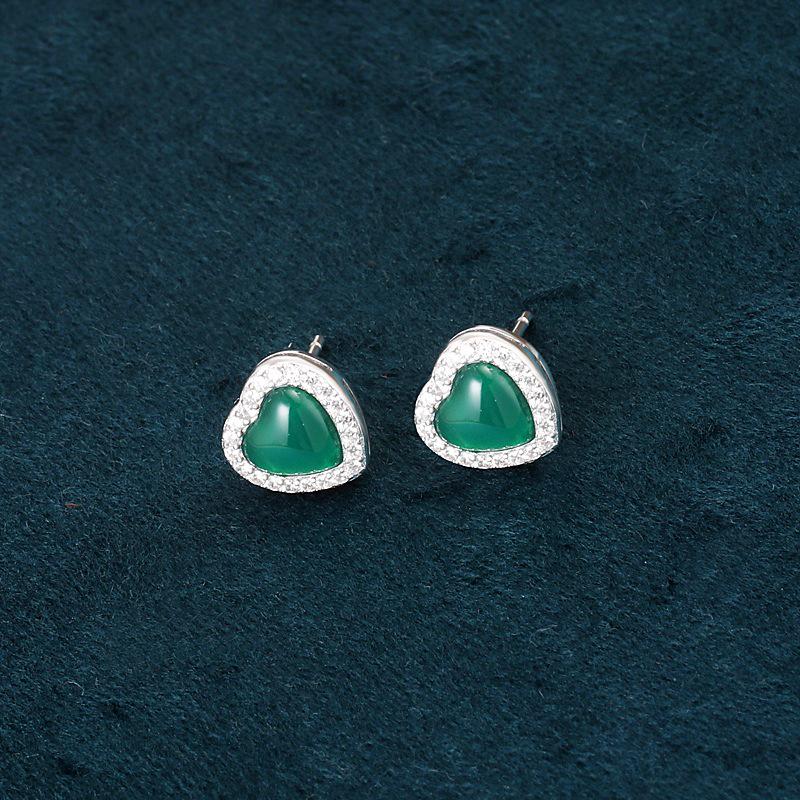 Sterling Silver Green Chalcedony Heart Stud Earrings – Sleep-Friendly, No Need to Remove 925 Silver