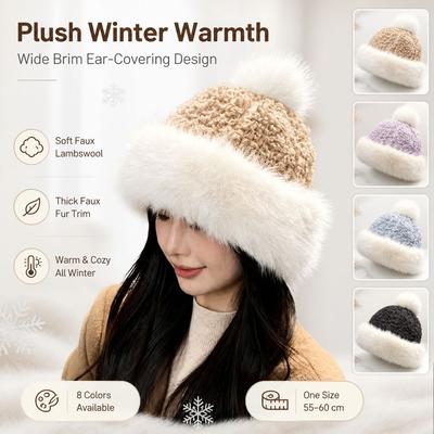Ear Covering Plush Winter Hat Thick Plush Pom Pom Hat Gifts Faux Fur Hats  Daily Outfits