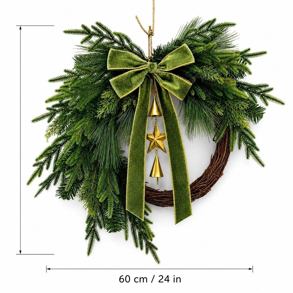 60cm Artificial Christmas Wreath with Pine and Cedar Branches Velvet Bow and Metal Bell Star Hanging Decoration for Door Wall Indoor Use