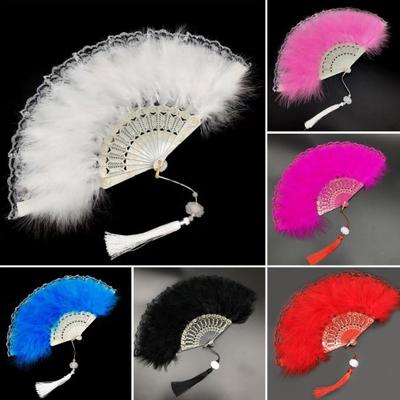Vintage Feather Lace Folding Fan with Tassels Portable Summer Hand Held Fan