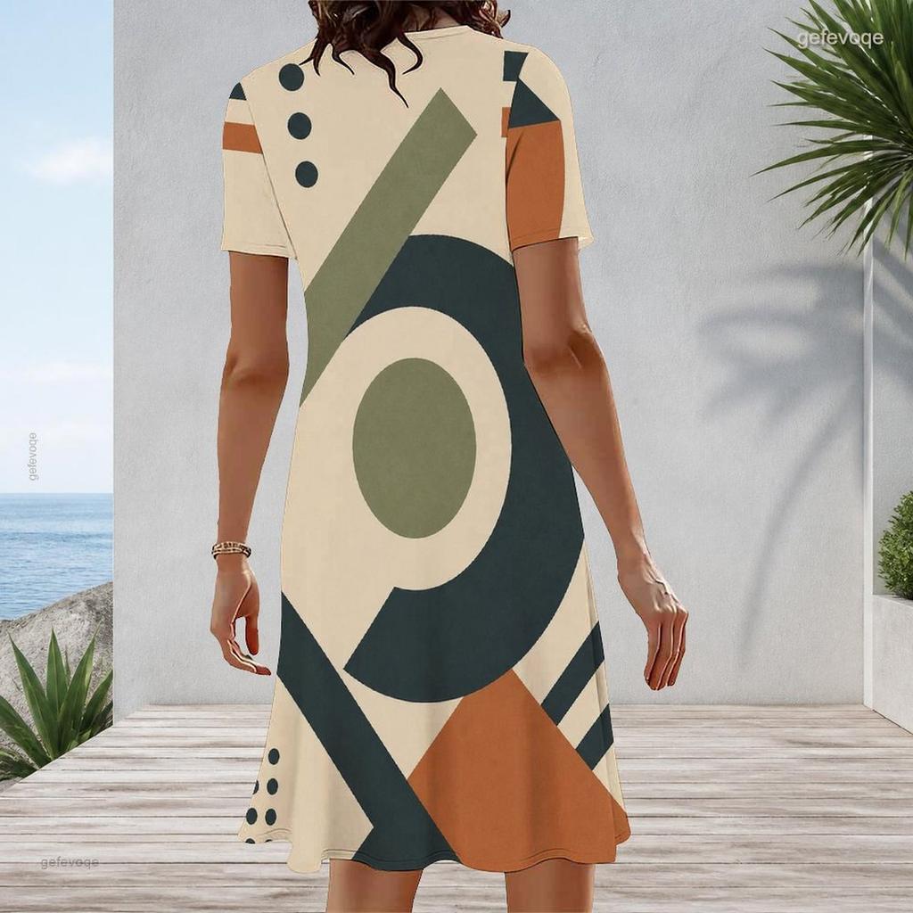 Women Plus Size Round Neck Short Sleeve Printed A Line Flared Hem Navy Blue White Dress