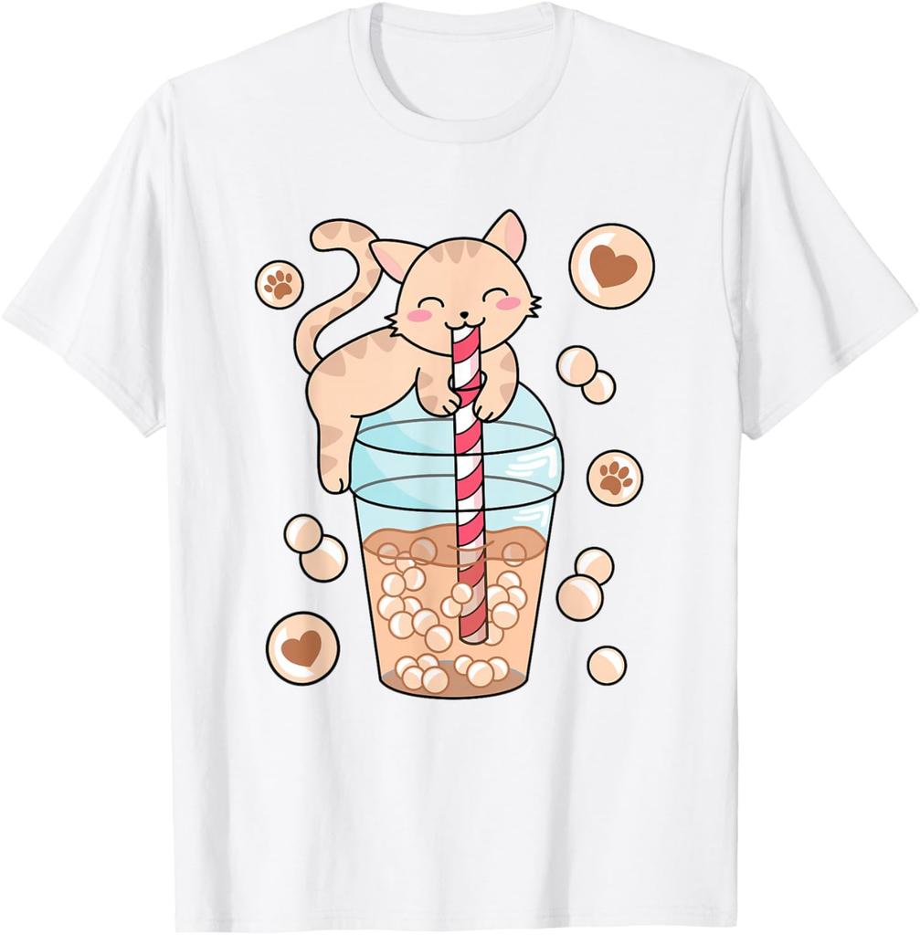 Cute Cat Drinking Bubble Tea Boba Milk Tea Graphic Tee Kawaii Kitten Lover Shirt