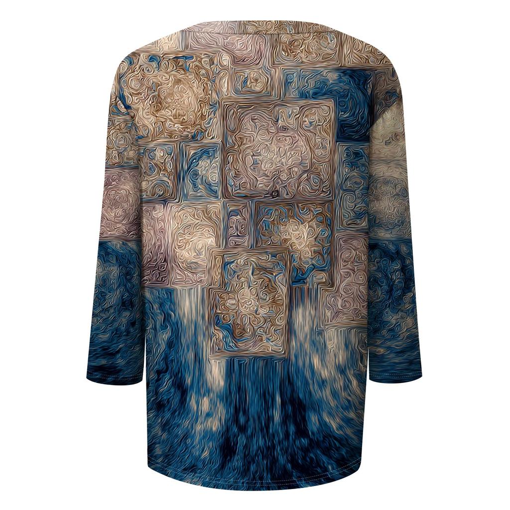 Trendy Vintage 3/4 Sleeve Top For Women,Ladies Casual Three Quarter Sleeve Round Collar Printed T-Shirt Blouse
