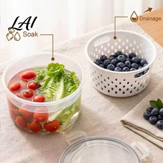 Stackable Vegetable Crisper Round Fruit Storage Container 2-Layer Food-Grade PP with Food-grade Plastic Drain Basket Leak-Proof Sealed Box