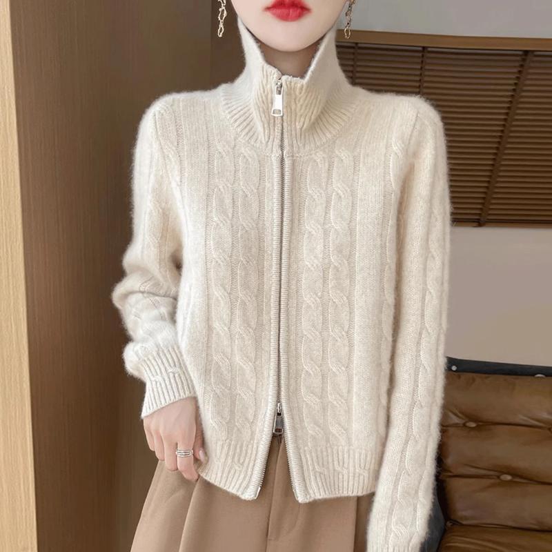 Autumn Winter Double Zipper Lapel Twisted Flower Short Cardigan for Women Thickened Twist Knitted Jacket Top