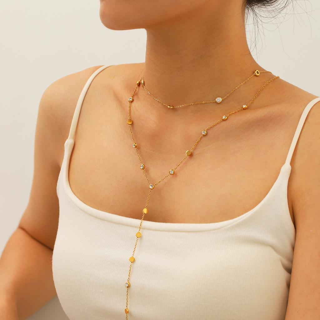 MW New Style Niche Stainless Steel Inlaid Zircon Fashion Light Luxury High Tassel Pendant Gold Plated Beads Necklace