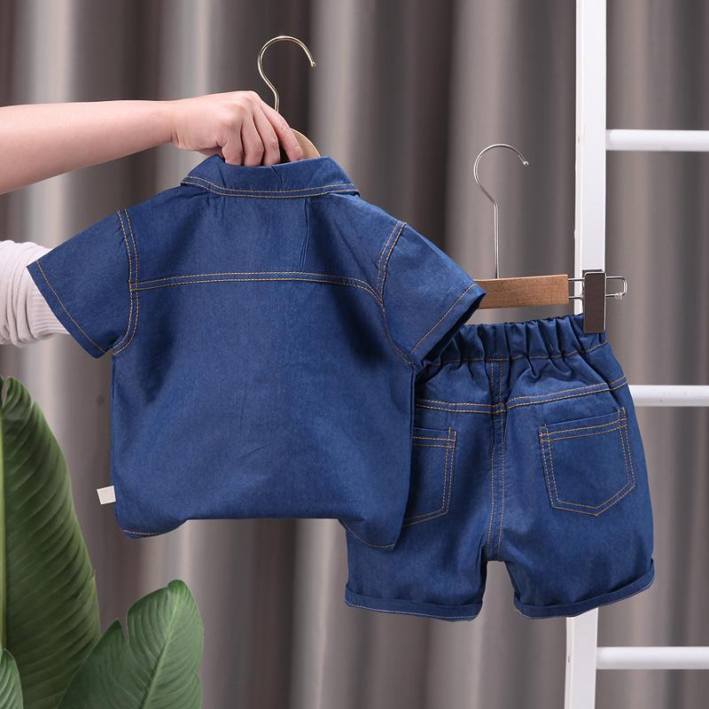 Boys Summer Solid Color Workwear Suit In Small Children Button Lapel Short-sleeved Top + Casual Pants Handsome Two-piece Set
