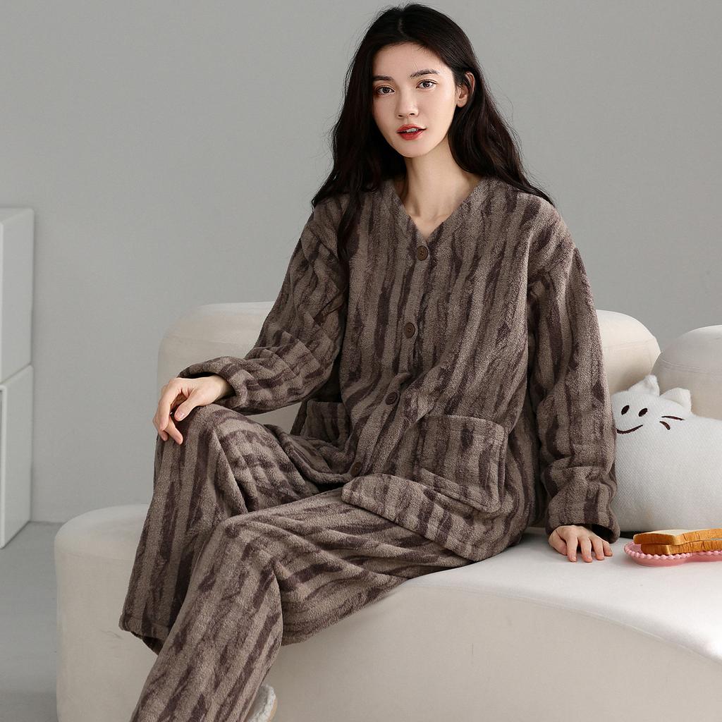 Flannel Pajamas Women'S Autumn And Winter Long-Sleeved Thickened Warm Coral Fleece Winter Loungewear Set
