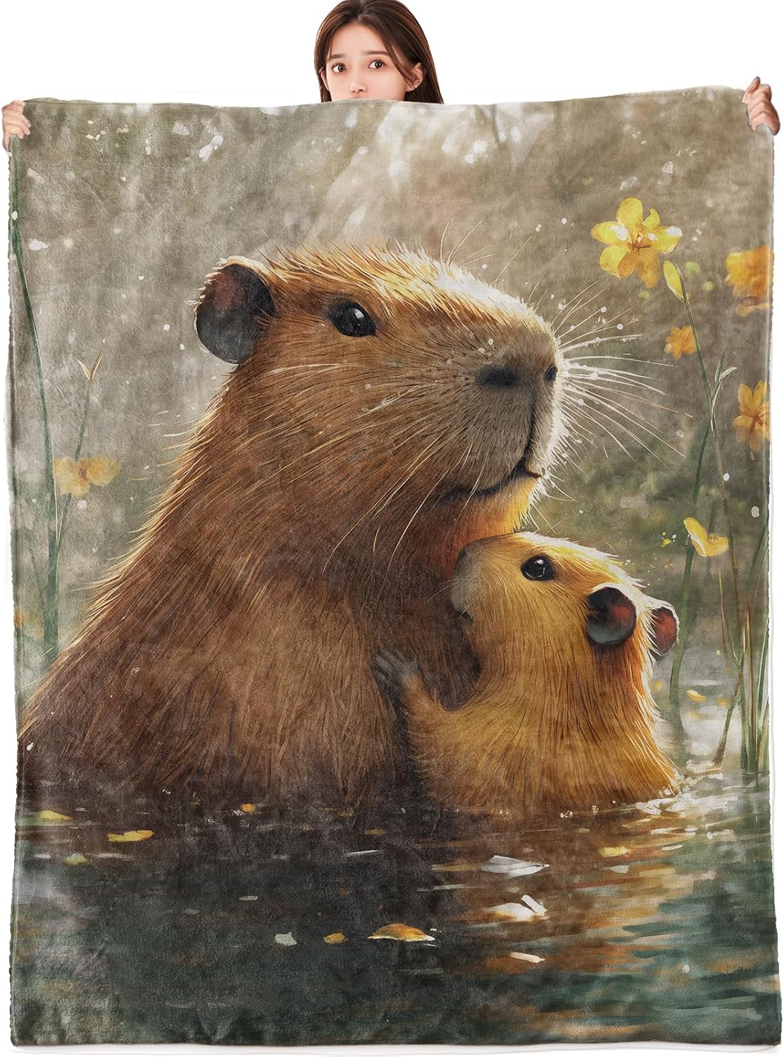 Cute Capybara Blanket Lightweight Flannel Blankets Gifts for Animal Lovers with Sunshine and Flower in Pond Printed Throw Couch 75X95CM