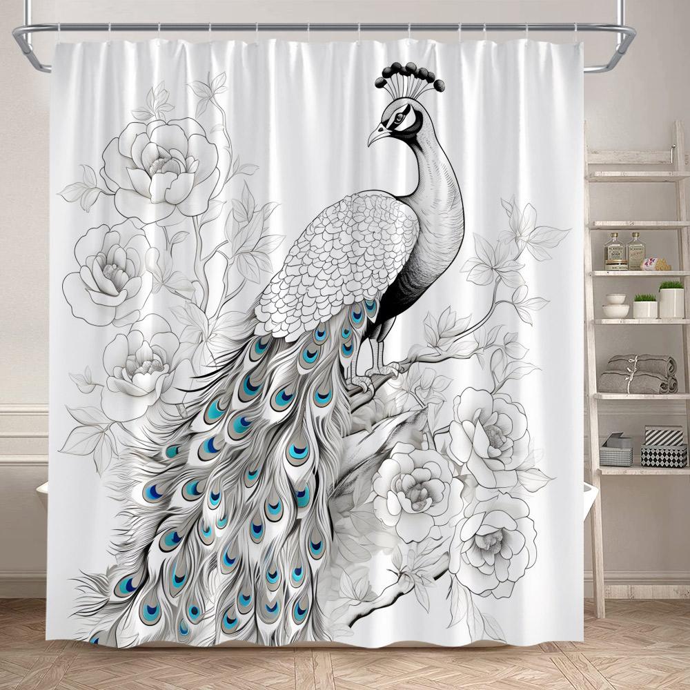 Blue Peacocks Shower Curtains Forest Trees Plants Flowers Waterfall Scenery Polyester Fabric Bathroom Curtain Decor With Hooks