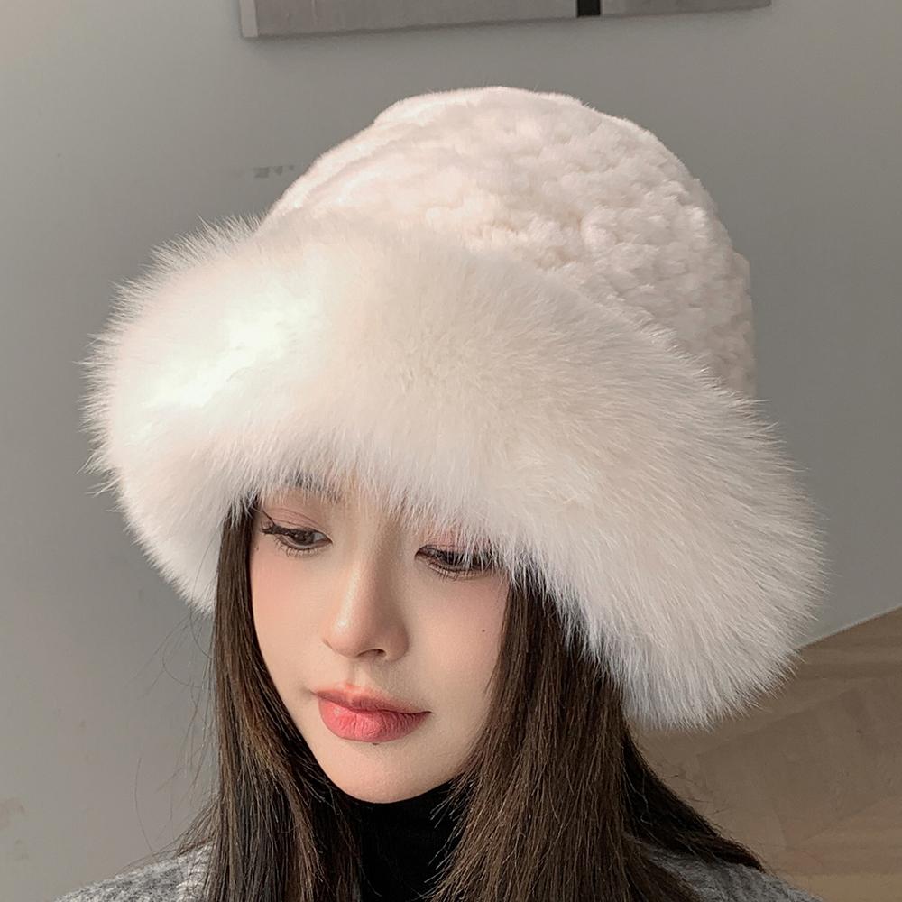 Women Luxury Winter Hat Real Rex Rabbit Fur Bomber Hats Lady Winter Genuine Fox Fur Cap Beanies Warm Soft Fluffy Natural Fur Hat
