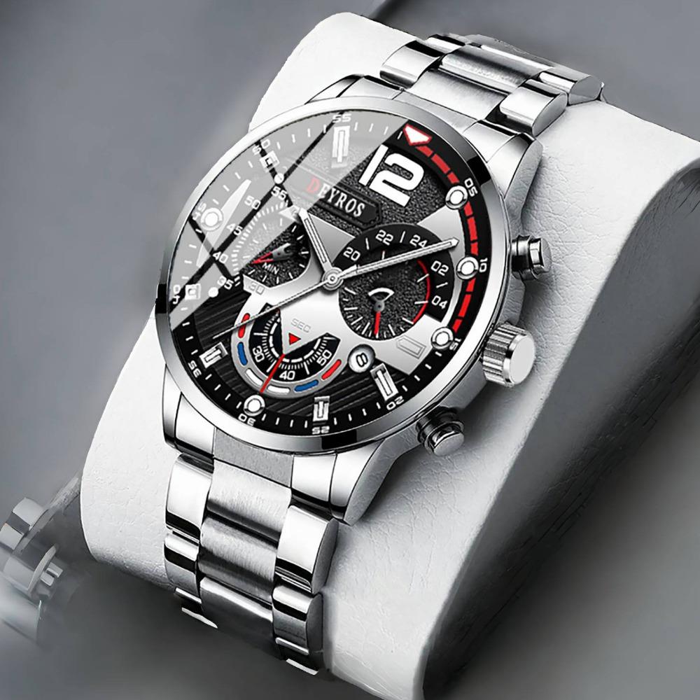 Watch Accessories Three-Piece Men'S Watch Silver Steel Strap Men'S Bracelet Necklace Quartz Watch
