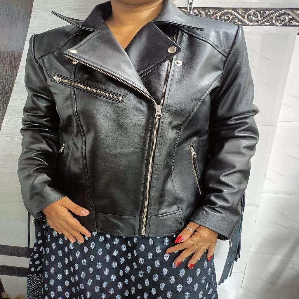 Noora Women's Lambskin Black Leather Jacket | Black Western Style Fringe Jacket | Biker Leather Tassel Jacket |