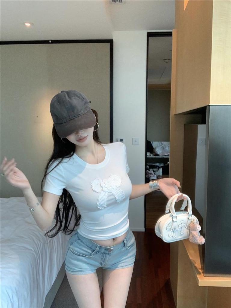 Gray Lace Bow Short Sleeve T-Shirt - Women's Summer Hot Girl Style