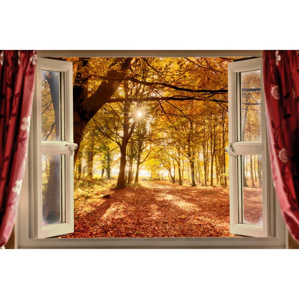 Autumn Forest Window Photography Backdrop Fall Maple Leaves Pumpkin Harvest Thanksgiving Kids Portrait Photo Background Decor