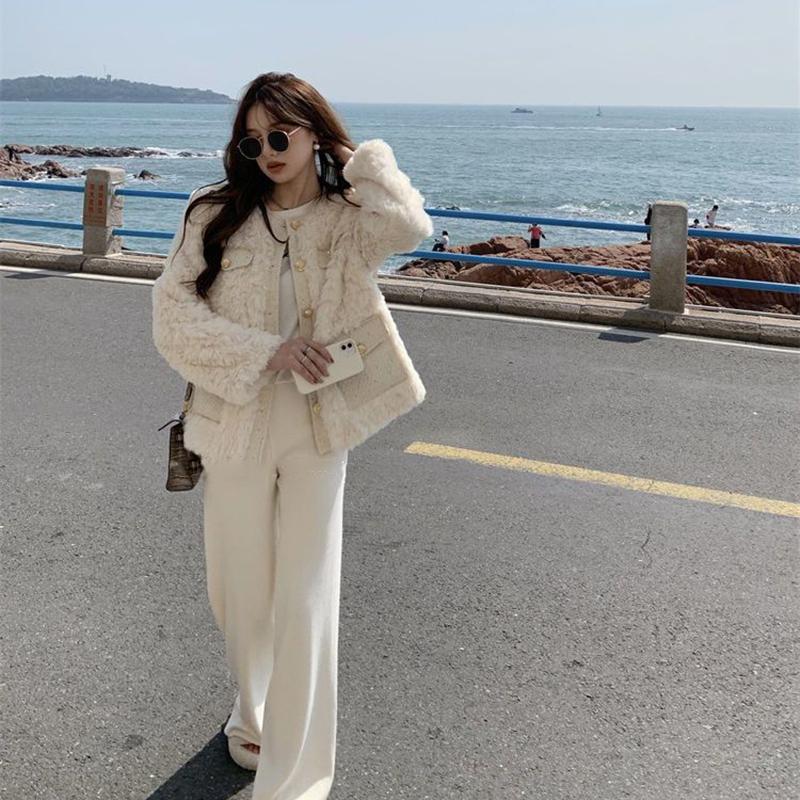 Korean Fashion Lamb Wool Coats Women Streetwear O-Neck Faux Fur Jackets Woman 2024 Autumn Winter Thick Warm Plush Coat