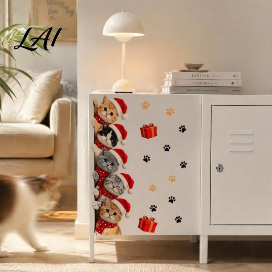 Cartoon Kitty Window Graphics Christmas Cat Door Sticker Cute Santa Hat Kittens Wall Decal Self Easy Peel And Stick Murals Adhesive Waterproof