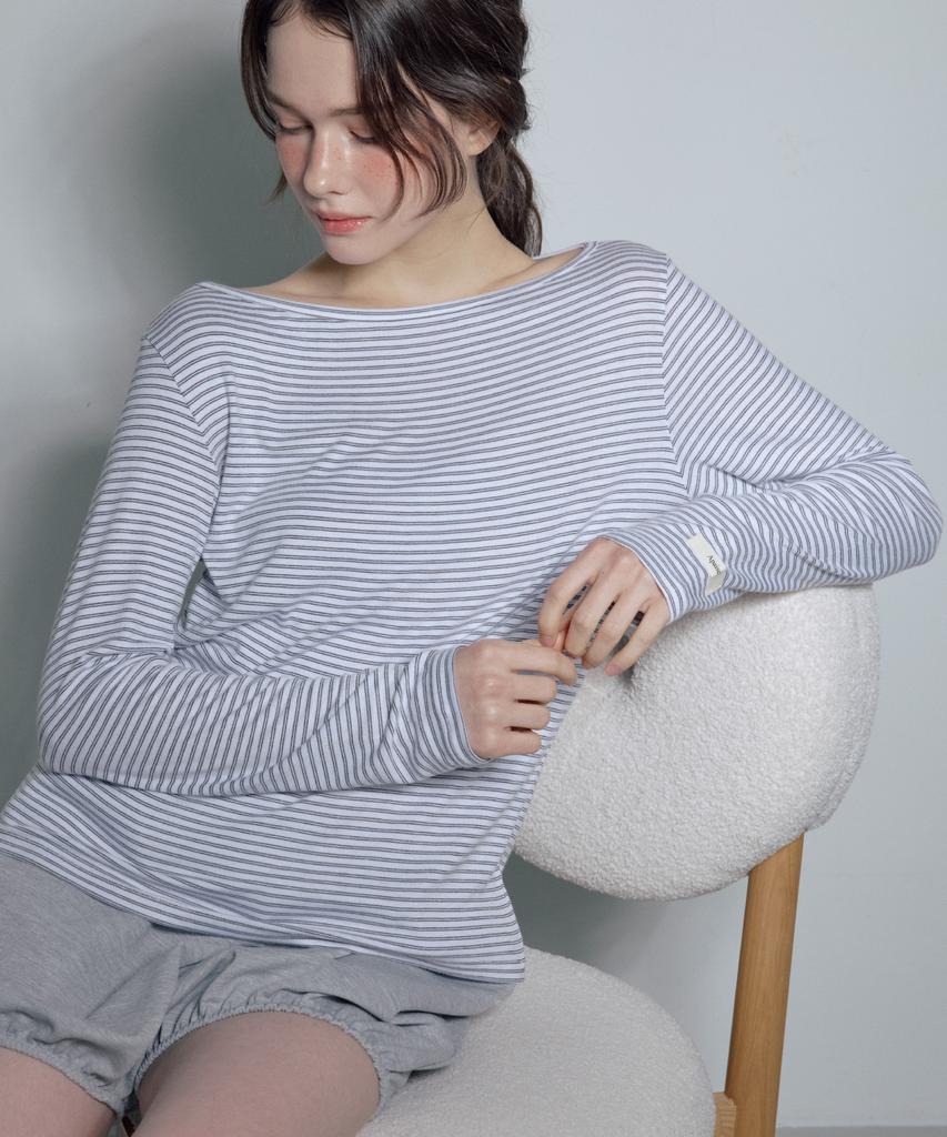 Apeijeu Boat-Neck Striped T-Shirts(White)