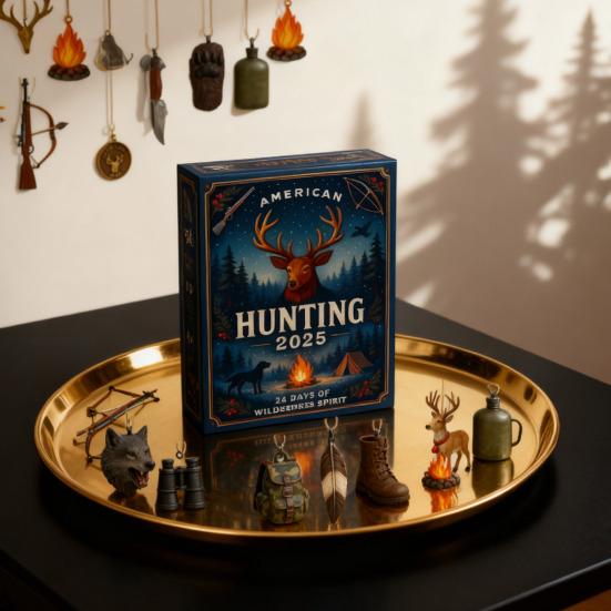 American Hunting Advent Calendar 2025 24 Days Christmas Countdown with 2D Hunting-Themed Surprises And Mini Survival Charms for Hunters Outdoorsmen