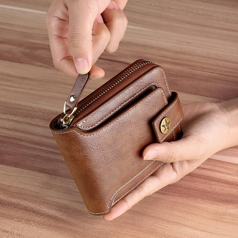 Portfel męski ze skóry naturalnej, luksusowy designerski portfel, krótki zamek błyskawiczny, portmonetka na monety, etui na karty, portfel łańcuszkowy, Portomonee, męski portfel
