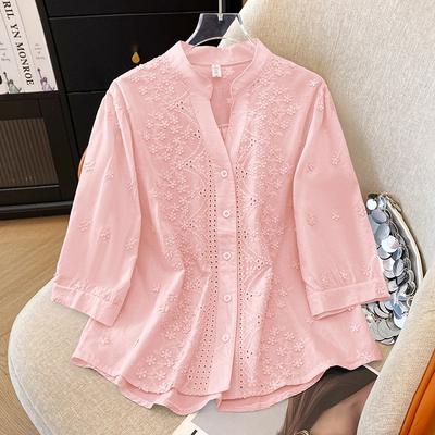 Summer New Stand-up Collar Five-quarter Sleeve Embroidered Cotton and Linen Shirt Women's Fresh Loose and Thin Cardigan Top
