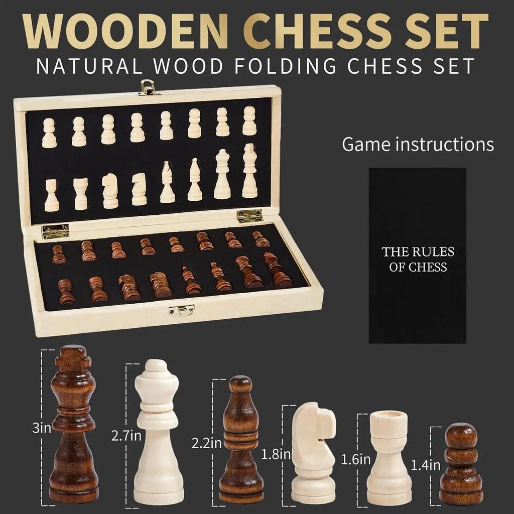 Reversible Wooden Board for Chess,24 Interlocking Wooden Checkers and 32 Standard Chess Pieces for Age 8 To Adult for Family Fun