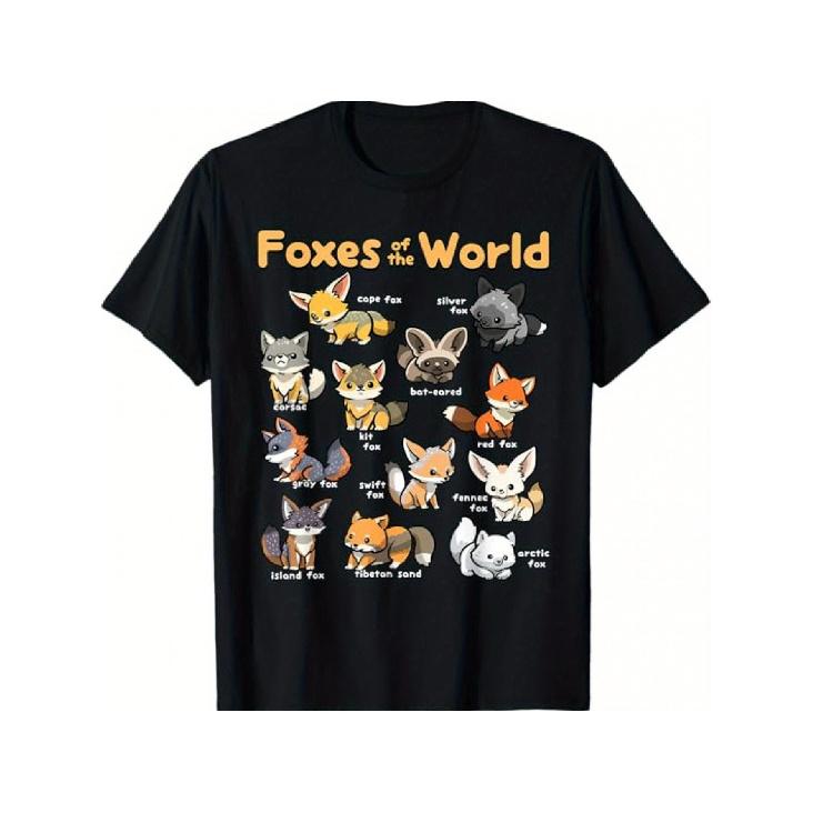 Chibi fox T- shirt with animal species of the world, different foxes in Chibi style S чёрный