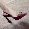Hepburn Style  One-word Stiletto High Heels Heightened Pointed Thin Metal Buckle Empty Sandals Strap