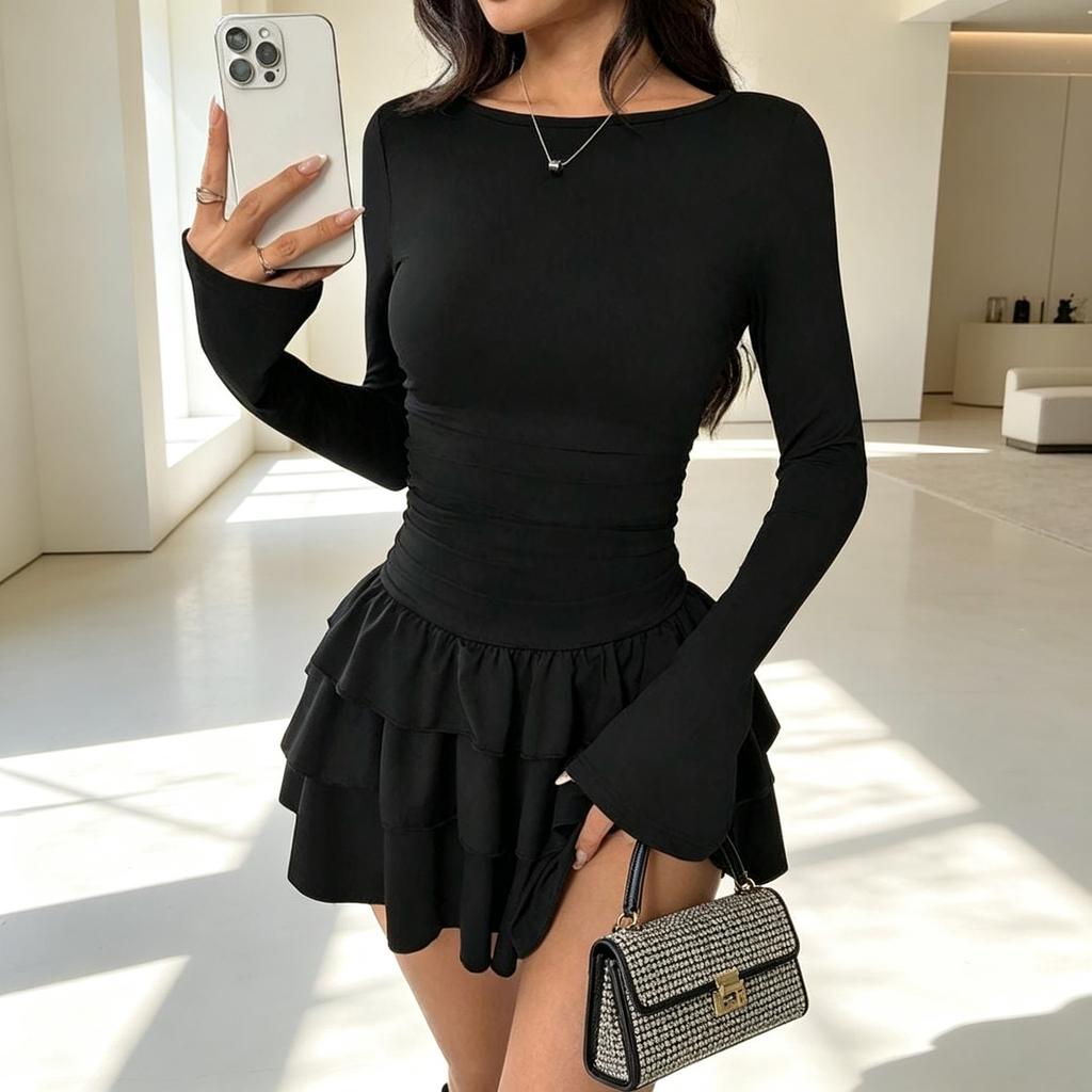 European and American new women's clothing autumn and winter solid color slim and thin temperament long-sleeved dress female apricot