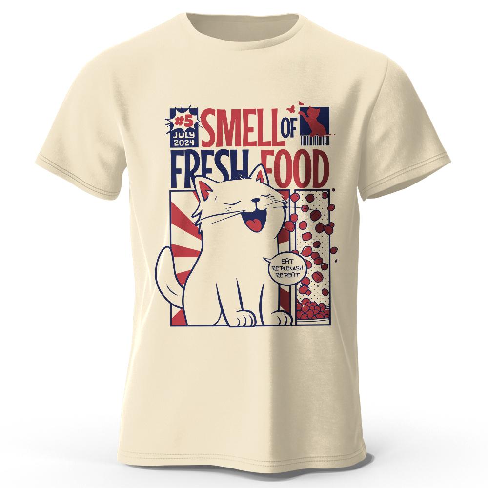 Men s Cat Printed T-Shirt Organic Cotton Relaxed Fit Hand Painted Design Tee for Adults S бежевый