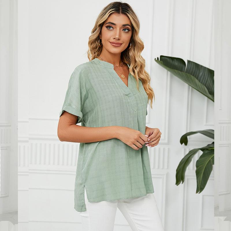 Summer Women's Shirt Thin V-neck Casual Pullover Solid Color Loose Shirt Top Women's T-shirt