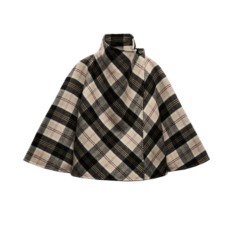 

Spring New Women clothes Asymmetric Hem Fleece Blended Plaid Turtleneck Cape coat 7522045 Nude color One size