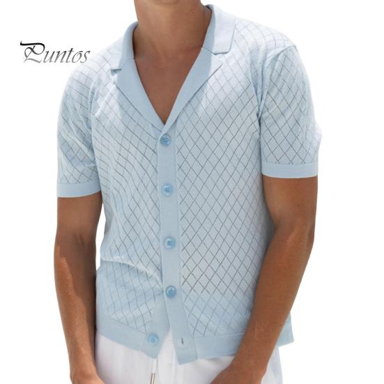 

Мужская жаккардовая трикотажная рубашка с коротким рукавом, застегивающаяся на пуговицы, с кубинским воротником, узором в виде ромба, повседневная рубашка для повседневной носки, вечеринок, путешествий M светло-синий
