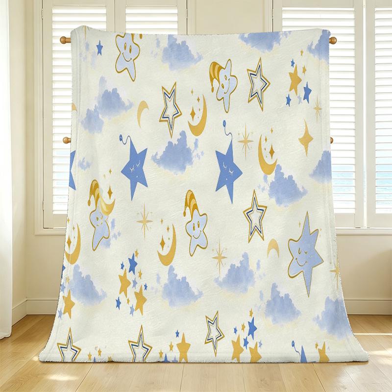 Thick Warm Flannel Blanket, Cartoon Stars & Moon Pattern, Soft Cozy for Home, Guest Room, Christmas & Halloween Use & Decor