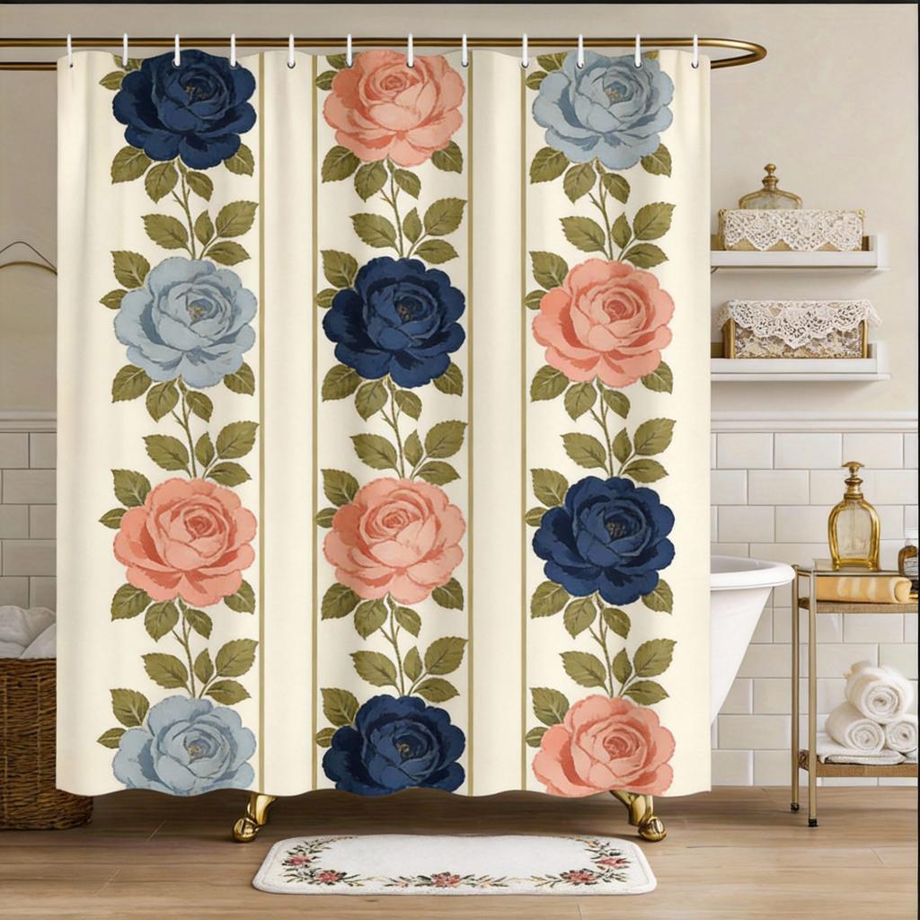 Color Block Plaid Shower Curtain Navy, Coral & Beige Grid Design, Modern Minimalist Pattern for Contemporary Bathroom Decor